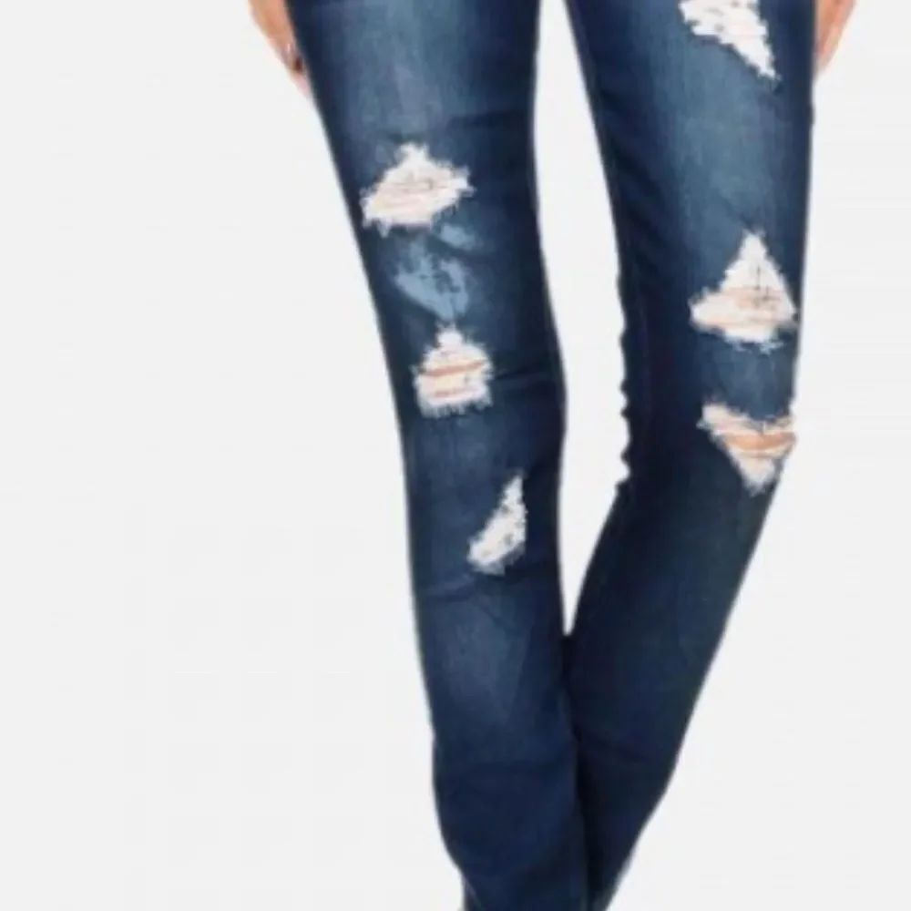 Dark Blue Distressed Medium Stretch Jeans #fashion